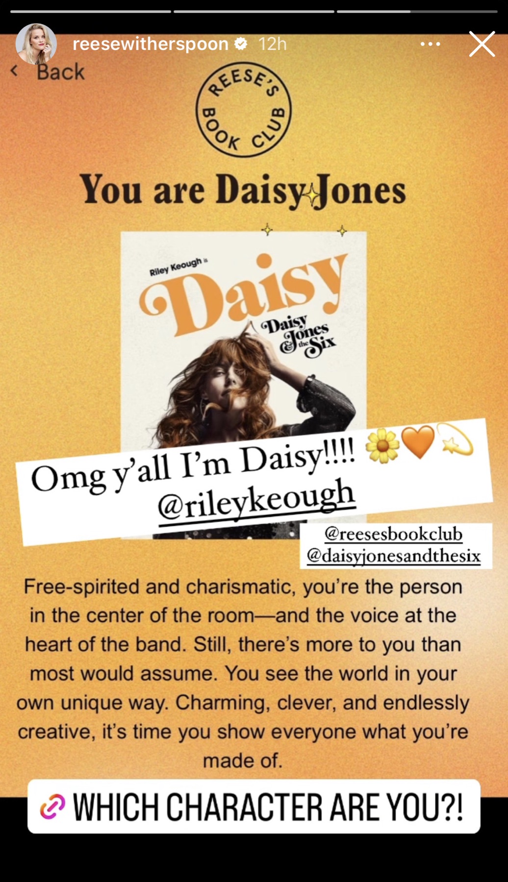 Reese Witherspoon shares her Daisy Jones character quiz result on Instagram Stories.