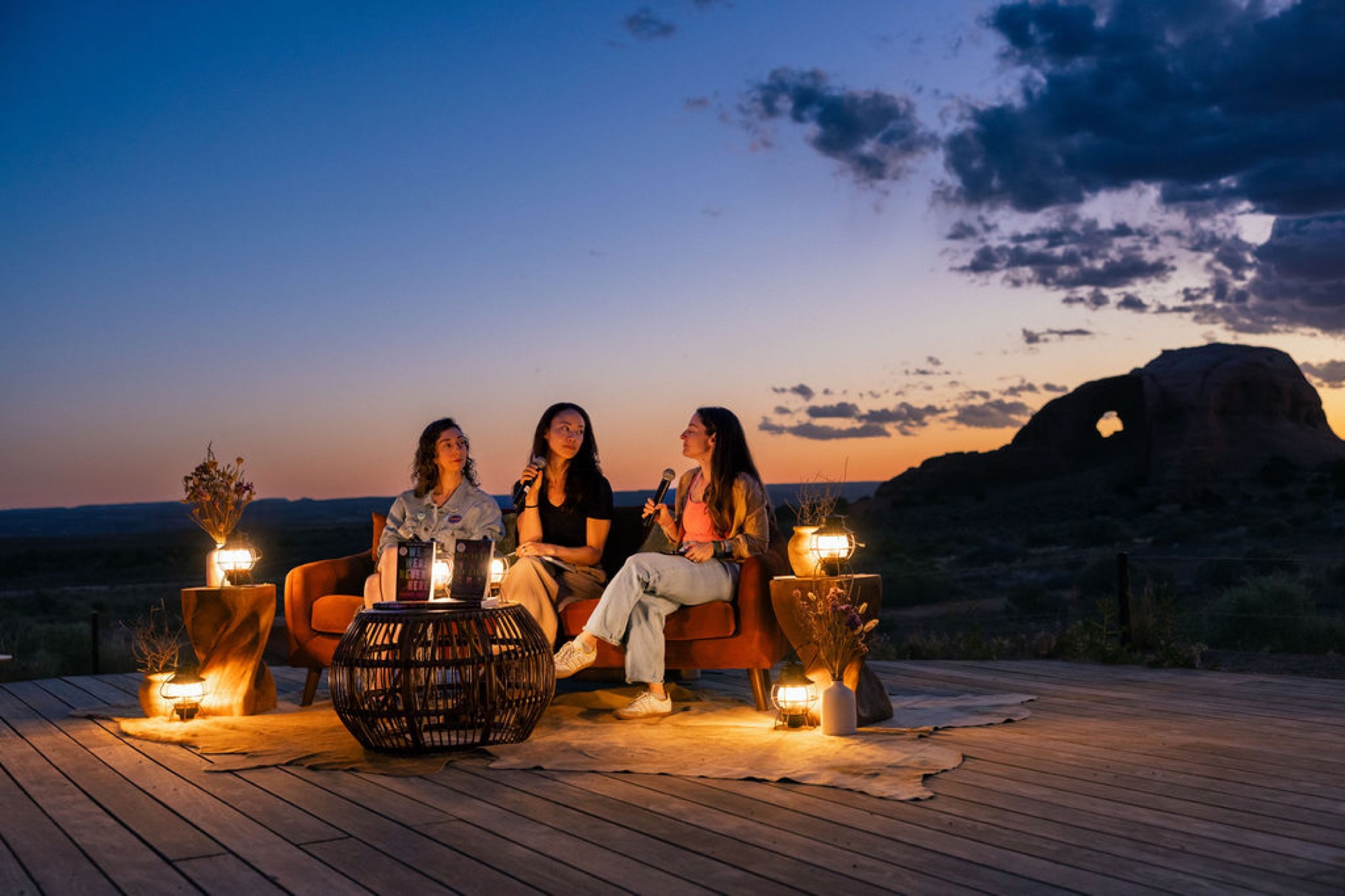 Authors speaking at sunset during Camp Unwritten in Moab