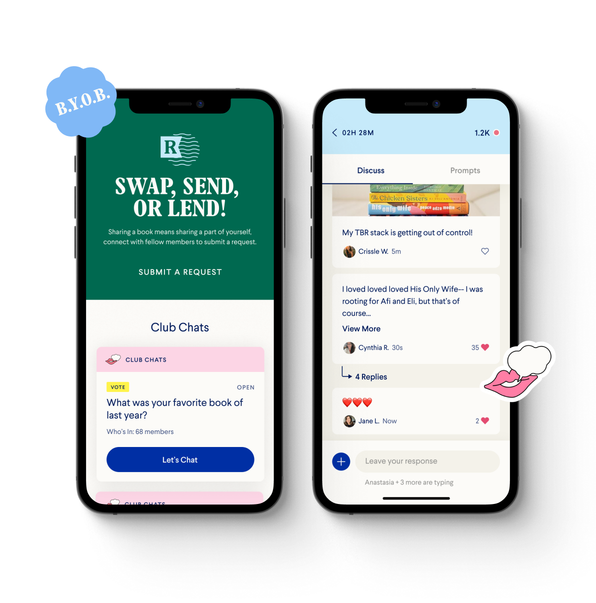 Reese’s Book Club App community conversations shown on phone mockups